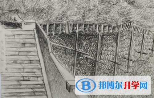 素描《蜀地栈道》（获奖等级：一等奖 作者：2018初9班曾俊恒）