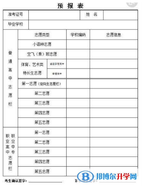 2020年南充中考志愿的样表