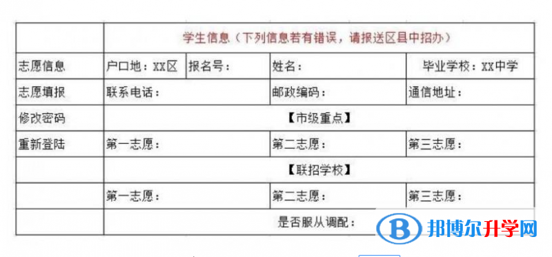 2021年广安中考志愿的样表