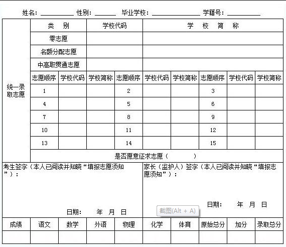 达州2022年中考报考志愿表